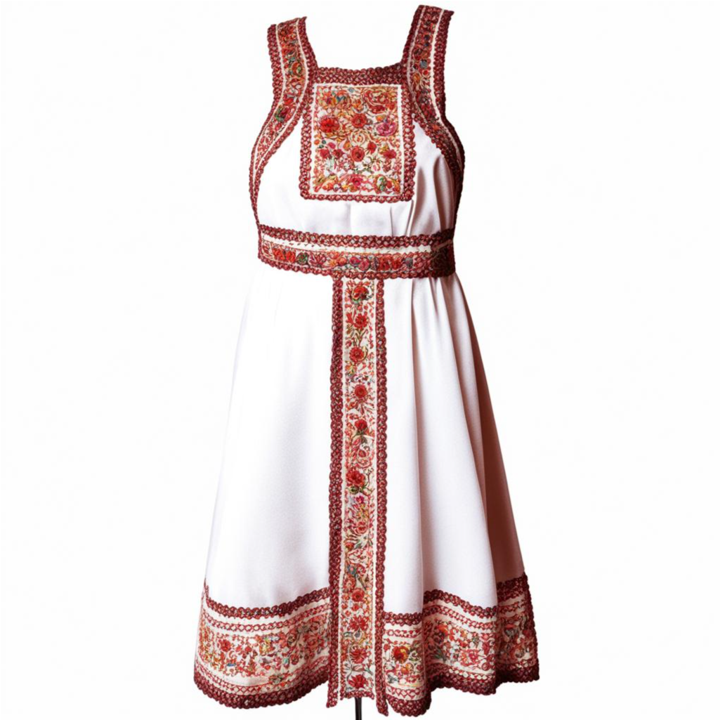 Изображение по текстовому описанию, промт:  "Вышитый вручную русский сарафан". ("Свой стиль").