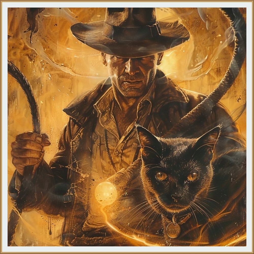 Изображение сгенерированное в духе творчества Дрю Струзана от Midjourney cat / Индиано Джонс