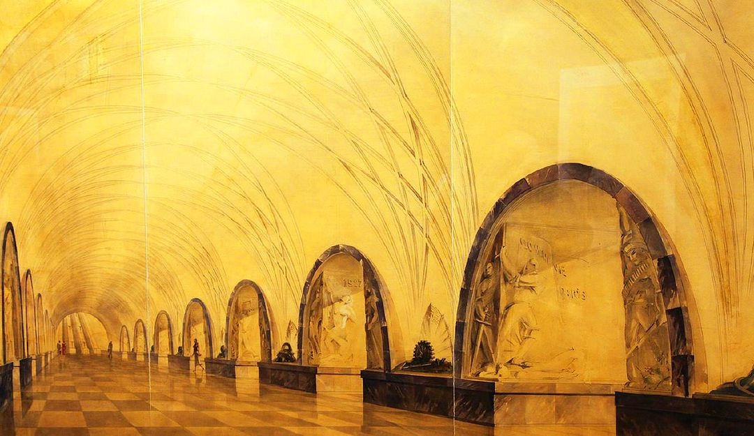 Проект станции А. Душкина. Перонный зал. Перспектива. 1935 год. Фото с сайта: https://vk.com/mirmetro.