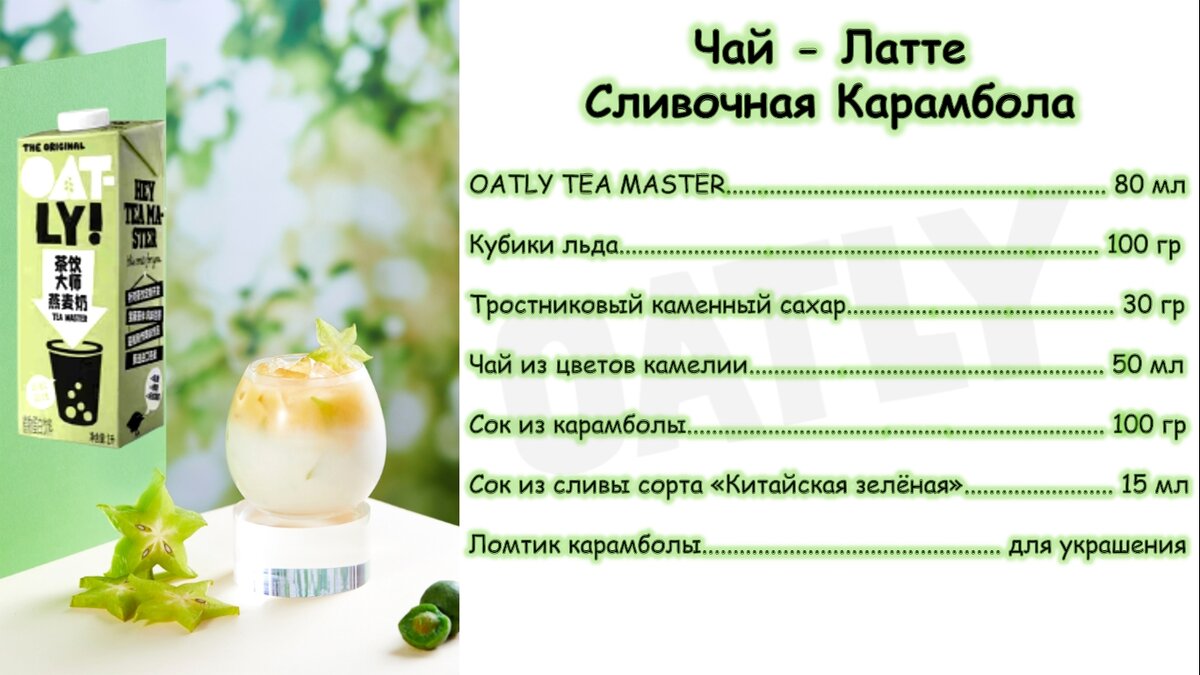 Список ингредиентов для Айс Ти Латте на овсяном молоке Oatly Tea Master "Карамбола"