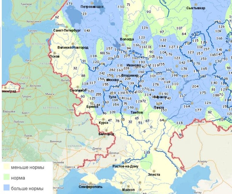 Цифры на этой карте - "снежные" запасы воды в % от средних многолетних значений.