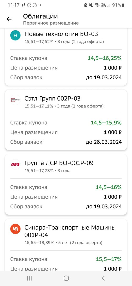 Сбер Инвестор, 4 размещения первичек облигаций, 19 марта 2024 года