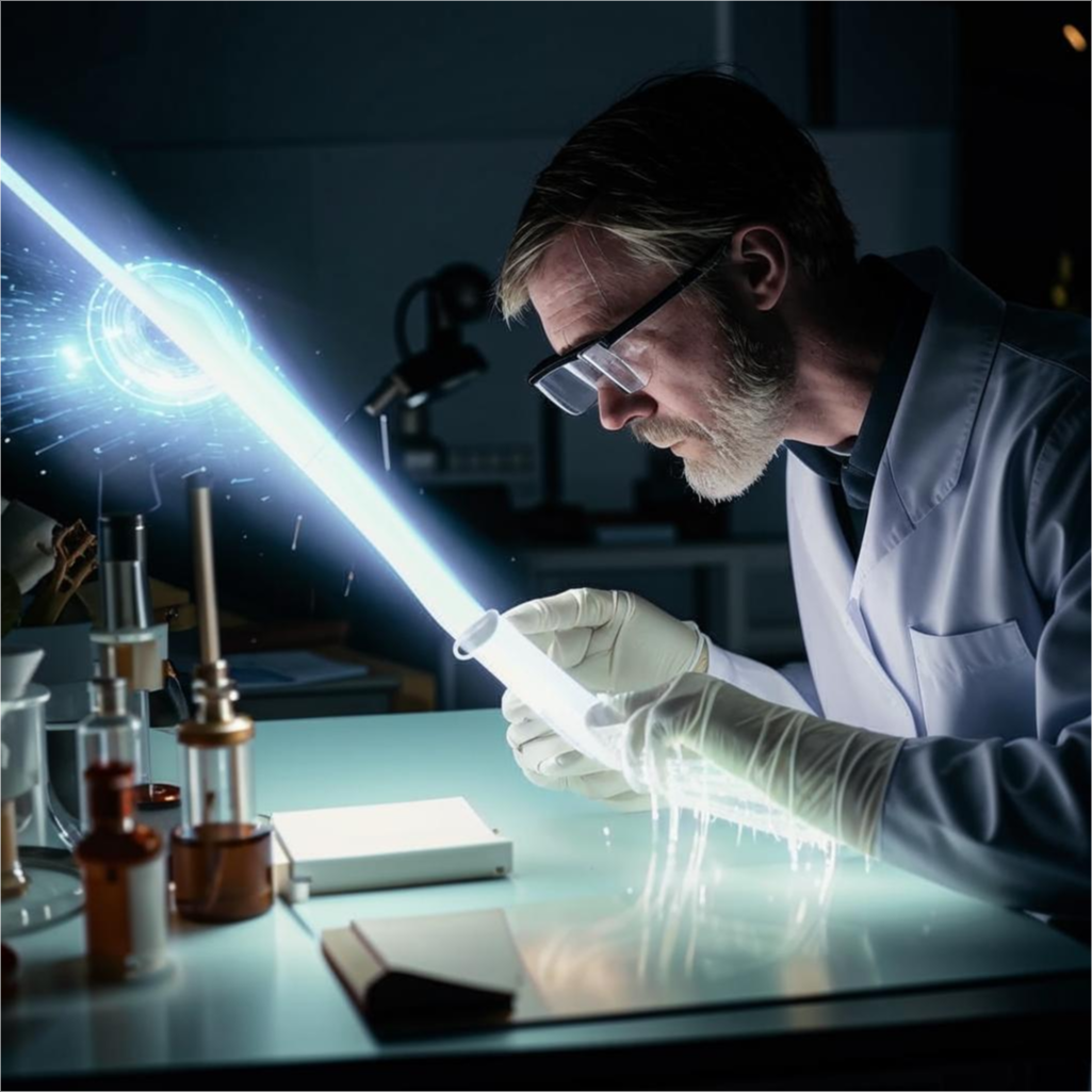 Учёный изучает свет по версии нейросети Кандинский.