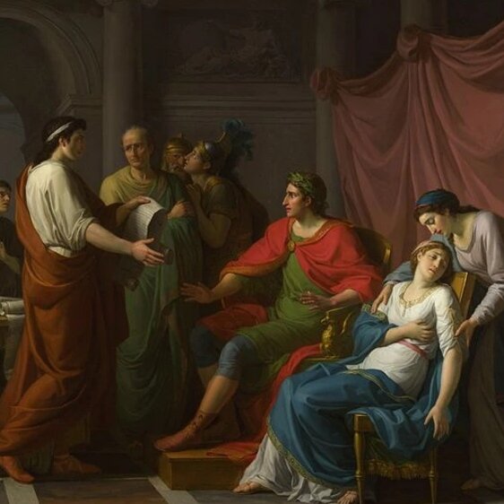 Вергилий, читающий "Энеиду" Августу и Октавии, Жан-Жозеф Тайлассон, 1787, ранняя неоклассическая картина