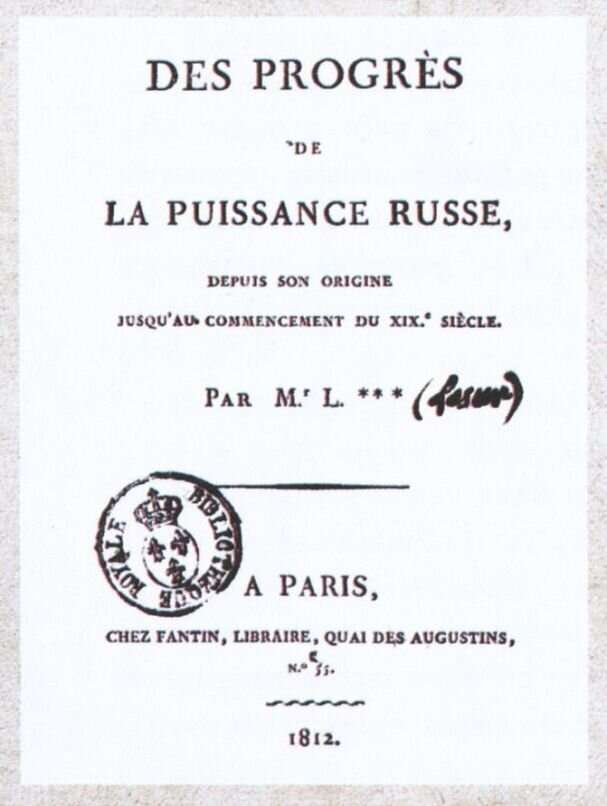Титульный лист анонимного, но официально опубликованного в 1812 году в Париже документа под названием "Завещание Петра Великого"