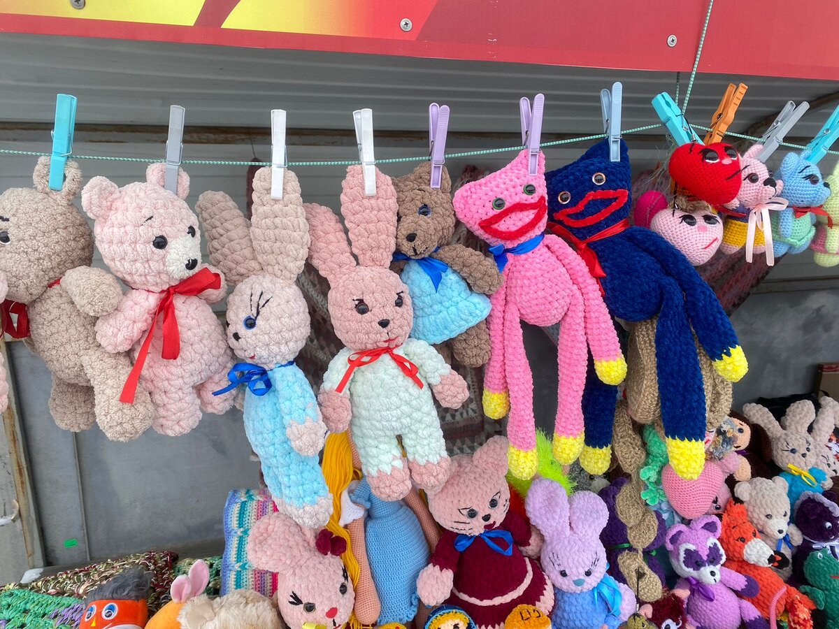 Женщина сказала,что вяжет крючком и разрешила сфотографировать ее работы. Игрушки мягкие, яркие ;связаны аккуратно,глазки у них  красивые,выразительные.