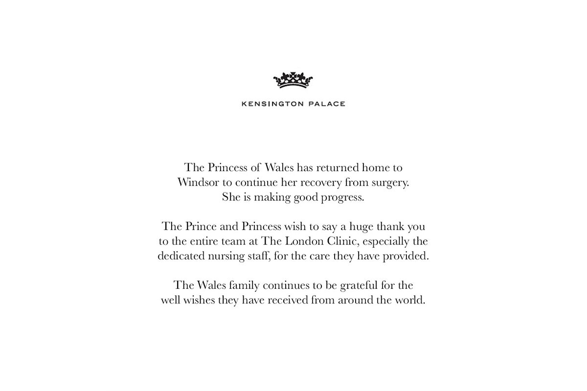 princeandprincessofwales / Instagram (входит в корпорацию Meta, признана экстремистской и запрещена в России)📷Официальное заявление Кенсингтонского дворца о возвращении Кейт Миддлтон домой после операции