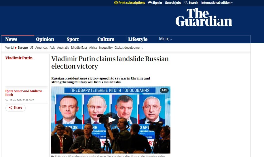 В британских СМИ отмечают, что на встрече с журналистами после окончания голосования Путин много говорил о военных действиях.