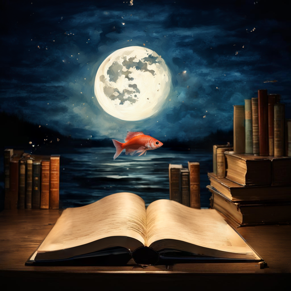 По задумке рыбка должна выпрыгивать из одной странички и нырять в другую, символизируя наше сознание, которое опускается на глубину контекстов и чувств и затем выныривает ненадолго наверх - в виде оформленной мысли. Не знаю, удалось ли передать идею в рисунке. Я ещё не столь совершенно владею нейросетью, и та исполняет не все мои хотелки. Вынуждена писать пояснение. 