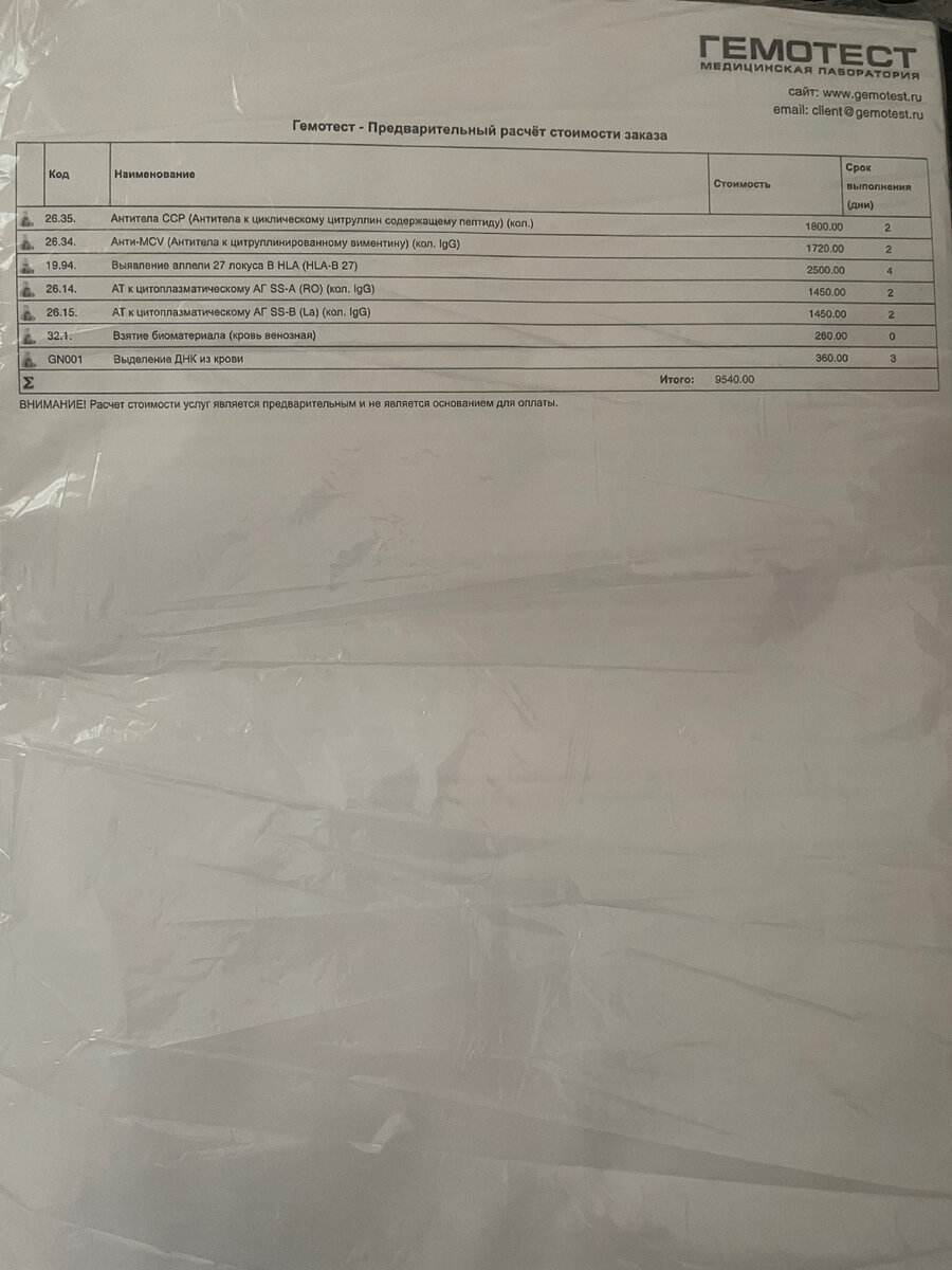 Расчет стоимости анализов