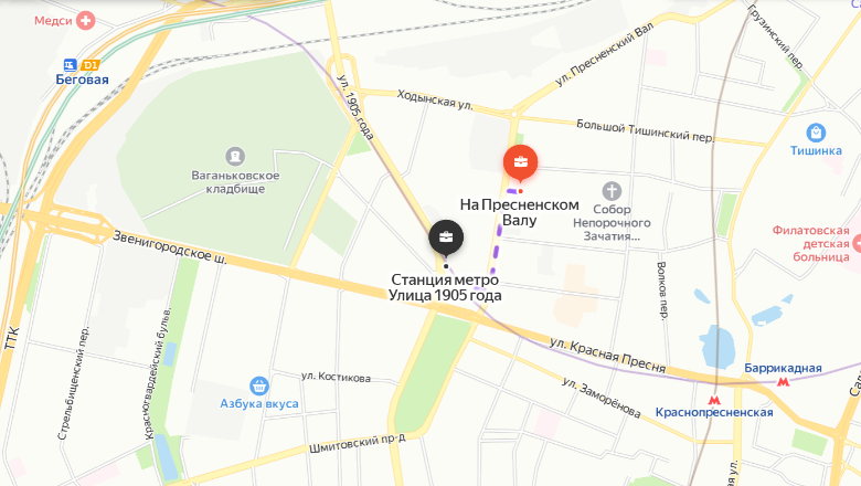 Ближайшая станция метро на карте рядом с ЖК «Дом на Пресненском Валу»
