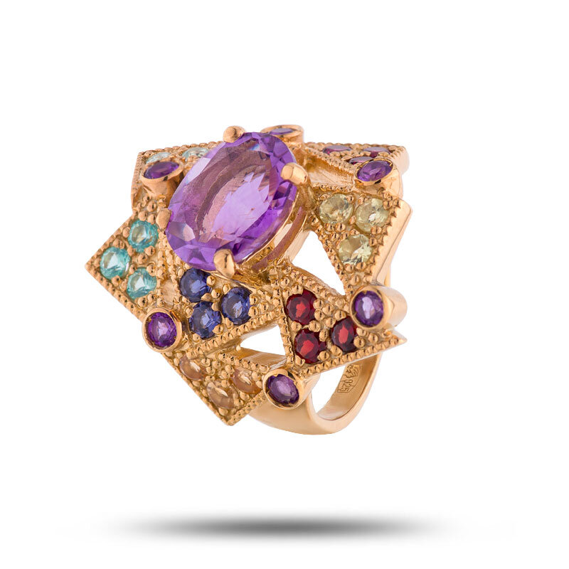 Кольцо, топазы, аметисты, гранаты, золото, коллекция «Геометрия», DENISOV & GEMS
