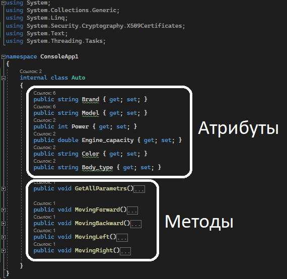 Пример класса "Auto" на языке C#