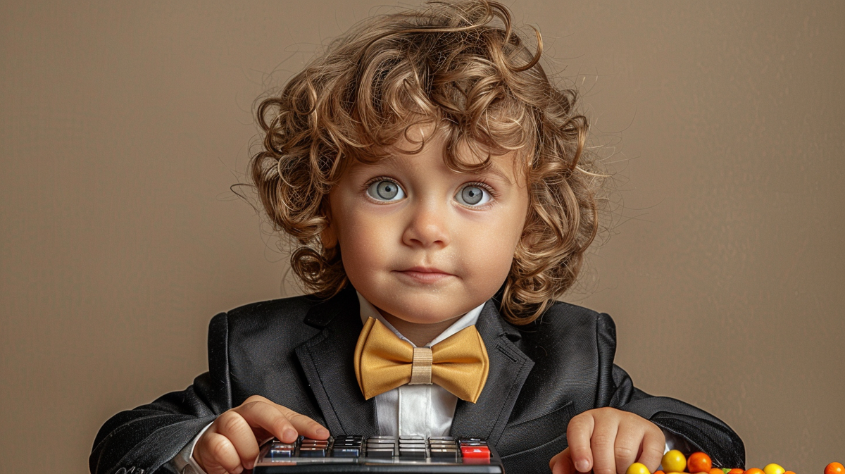 Маленький мальчик в смокинге перед калькулятором