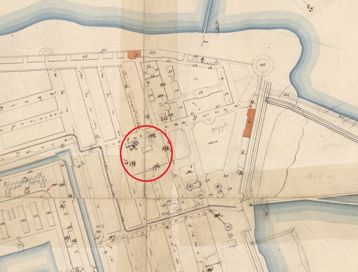 Фрагмент плана Кронштадта 1864 года. Обведен участок Морской Богоявленской церкви. 