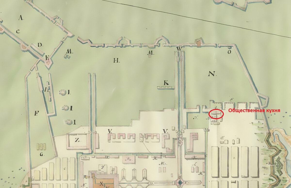 Местонахождения старой общественной куни (фрагмент плана Кронштадта конца XVIII века)