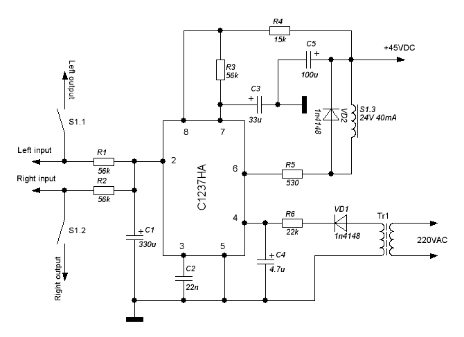 Принципиальная электрическая схема устройства защиты акустических систем на базе микросхемы uPC1237 (СА1237HA)