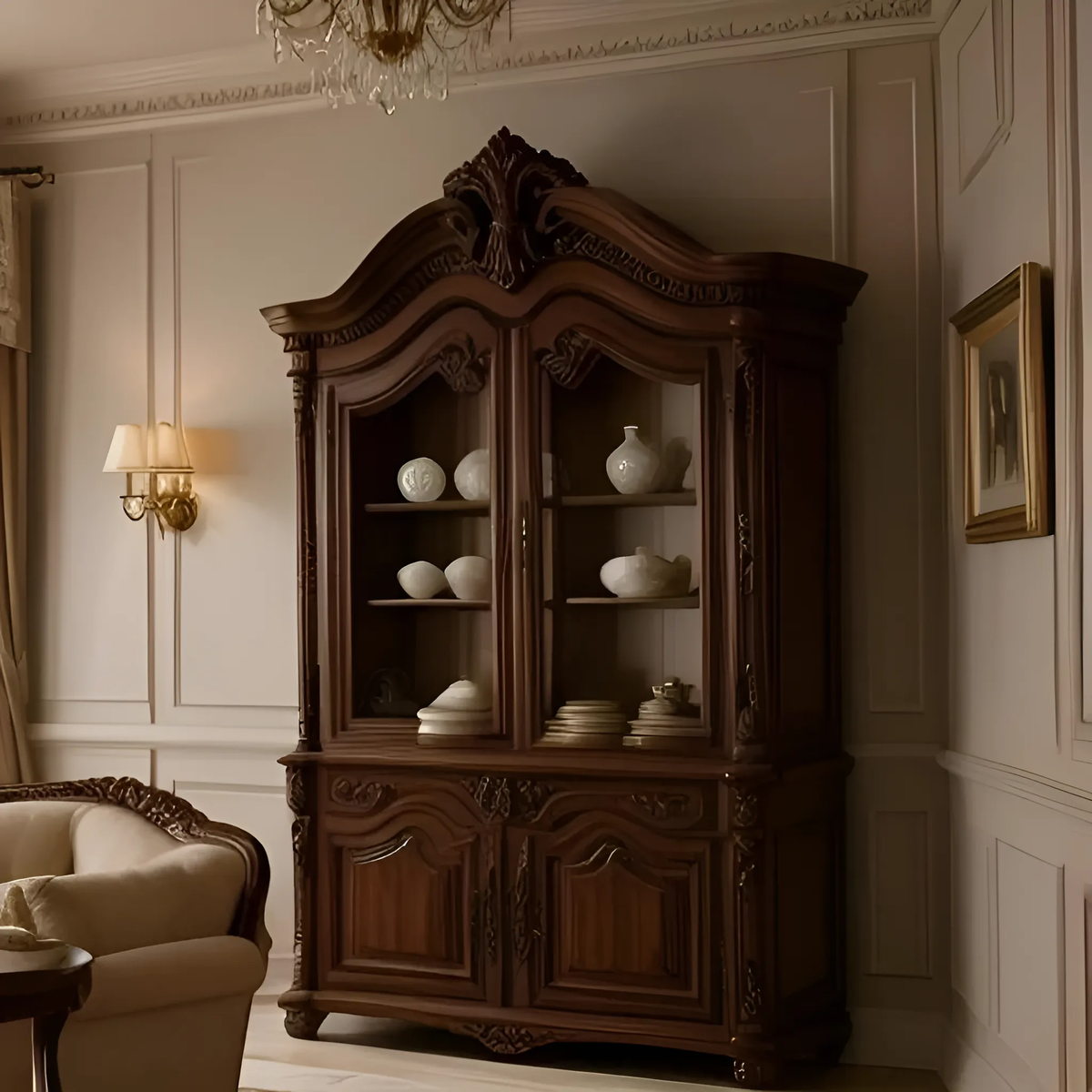 Буфет в классическом стиле из массива дерева, гармонично вписанный в интерьер гостиной 