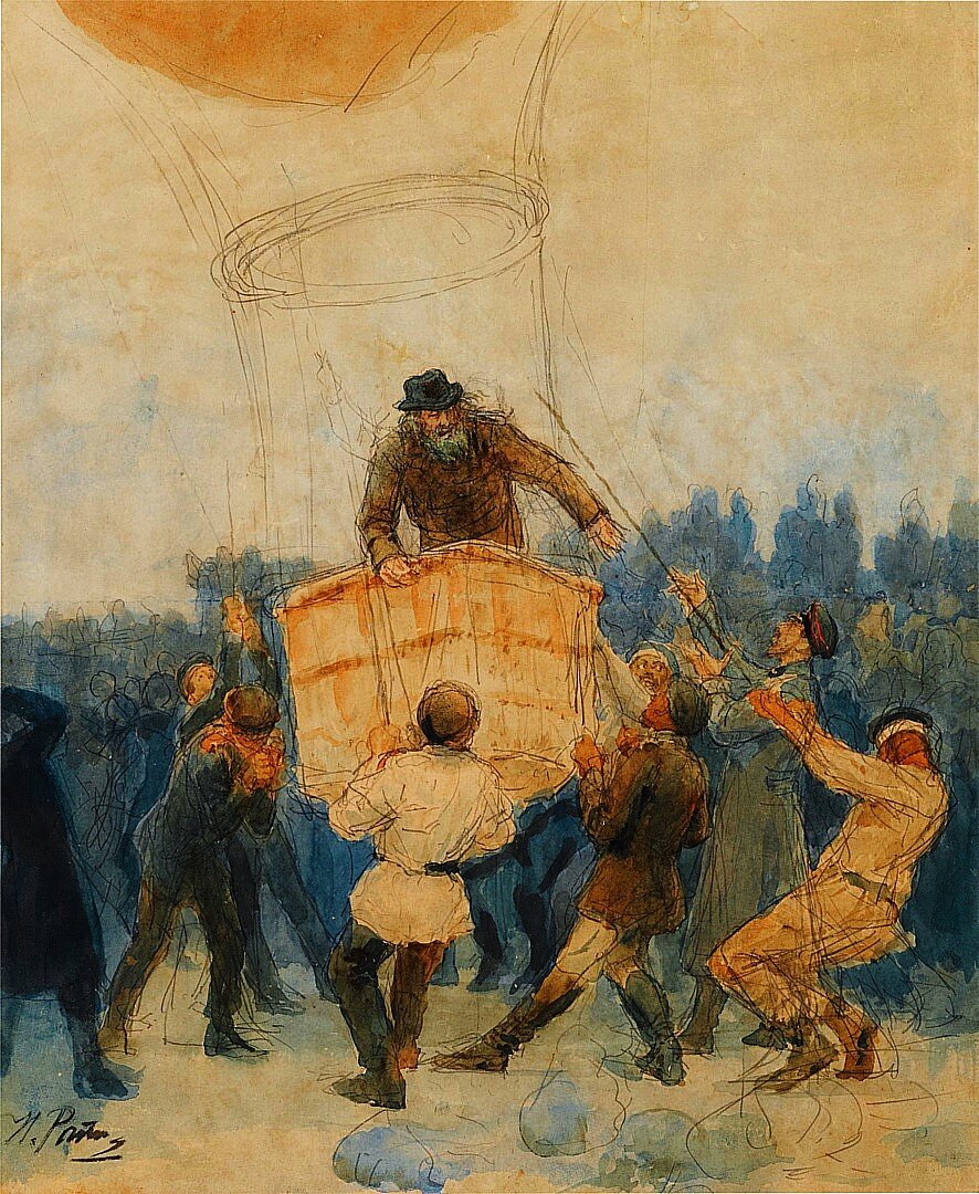 Илья Ефимович Репин 1844-1930 гг. Лист: 43 на 35 см бумага, акварель, карандаш
Солнечное затмение 1887 года, Менделеев на своем воздушном шаре.