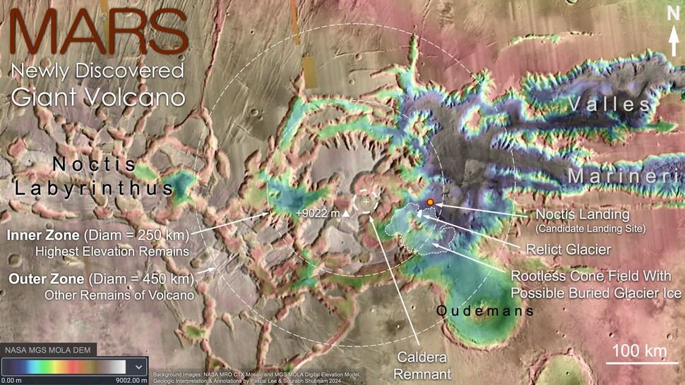 Гора Ночи на марсианской карте (NASA Mars Reconnaissance Orbiter (MRO) Context Camera (CTX) mosaic and Mars Global Surveyor (MGS) Mars Orbiter Laser Altimeter (MOLA) digital elevation model. Geologic interpretation & annotations by Pascal Lee & Sourabh Shubham 2024)