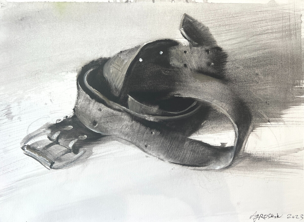 Черный ремень, 33х46 см, акварель, тушь, акрил