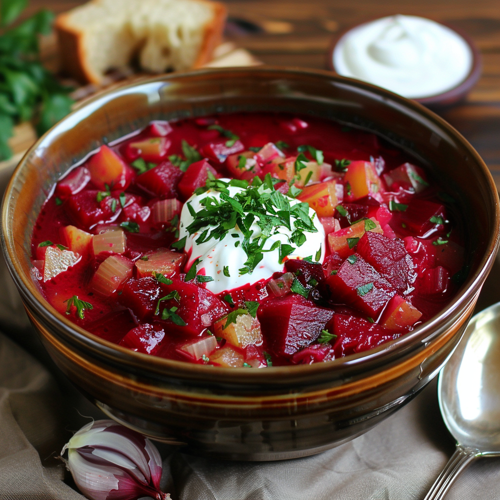 Борщ – национальное блюдо, которое неизменно ассоциируется с русской кухней. Это ароматный суп из свеклы, картофеля, моркови, лука, зелени и мяса. Обычно подают борщ со сметаной и чесночным гренками. Это питательное и сытное блюдо, которое идеально подходит для холодного зимнего дня. 