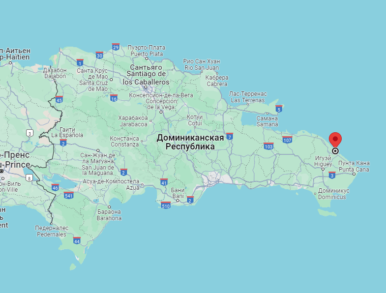 Карта Доминиканской Республики. Красная геометка - Уверо Альто.