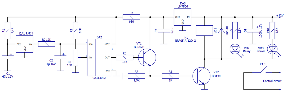 Схема электрическая принципиальная регулируемого термореле на LM35