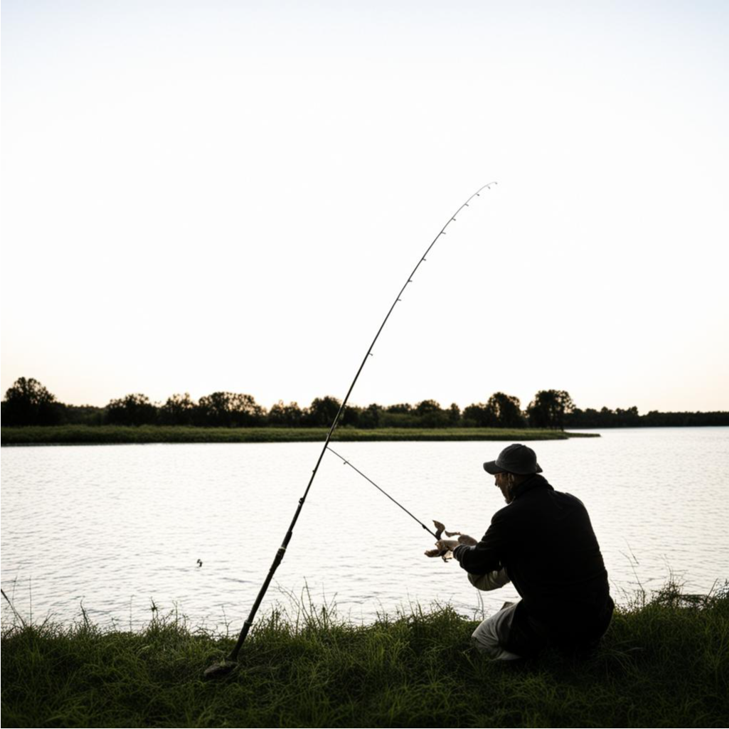 видимо, так удобне ловить - одну удочку поддерживать другой