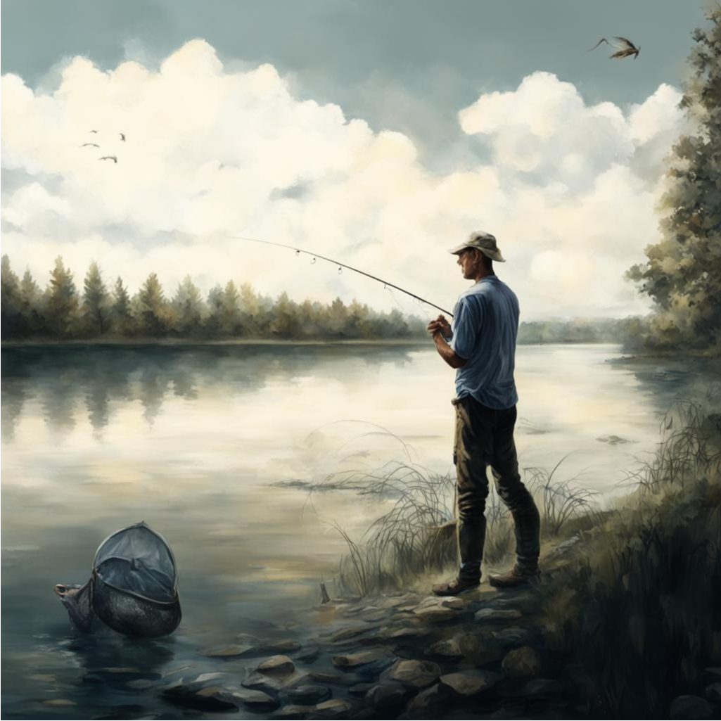 исчезла фотореалистичность, удочка торчит из подмышки, птица в верхнем правом углу больше похожа на стероидное насекомое, а правая нога рыболова, видимо, была сломана и неправильно срослась