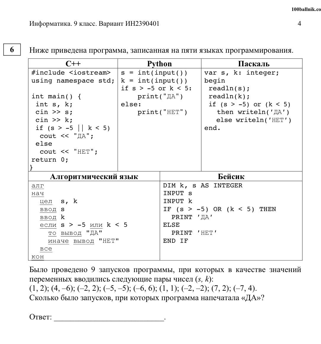 Информатика 9 класс вариант ин2390402 ответы