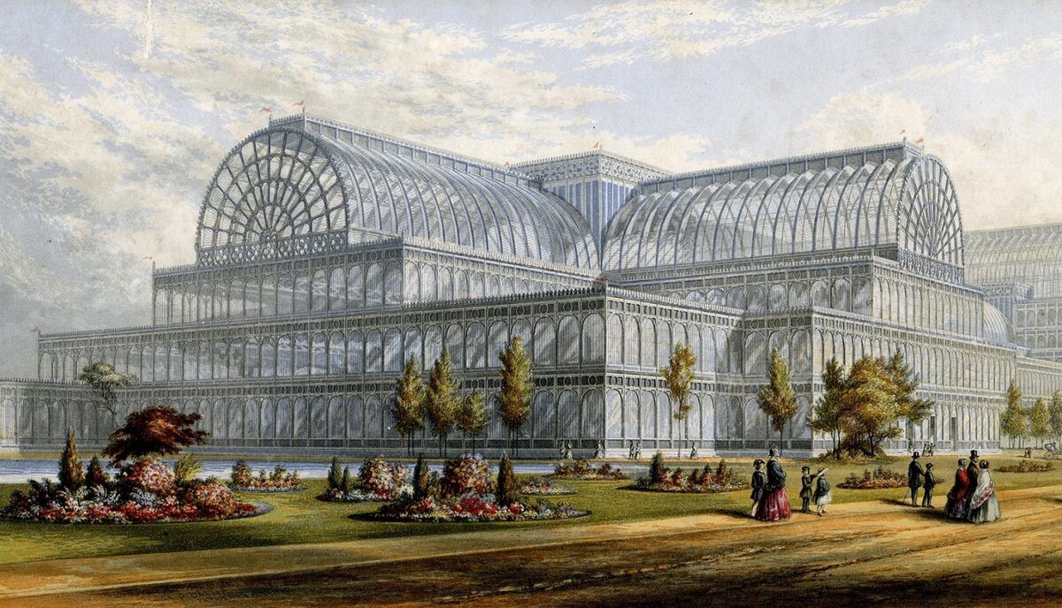 Художественное изображение "Хрустального дворца"(Chrystal Palace) в Лондоне. Здание было спроектировано по принципу "дешево, легко разбираемо", дабы приютить передовых изобретателей в своих стенах на время первой всемирной выставки. Парижская всемирная выставка 1889-го года вместе с новорожденной Эйфелевой башней(которую тоже проектировали с прицелом на быструю ликвидацию после) в свою очередь стала комплексным символом периода Belle epoque.