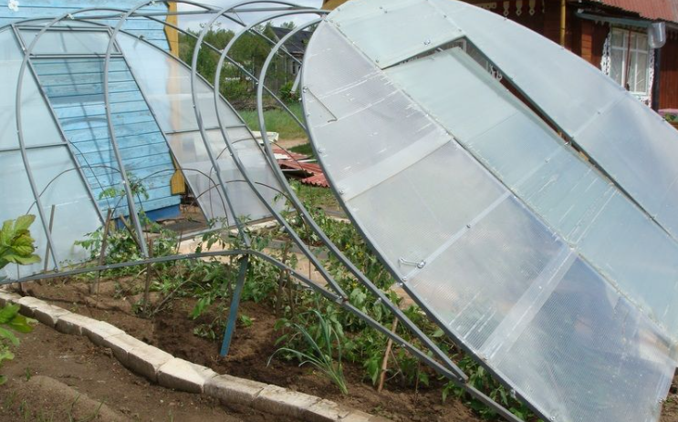 Некачественно установленная теплица, которая была повреждена сильным ветром.
