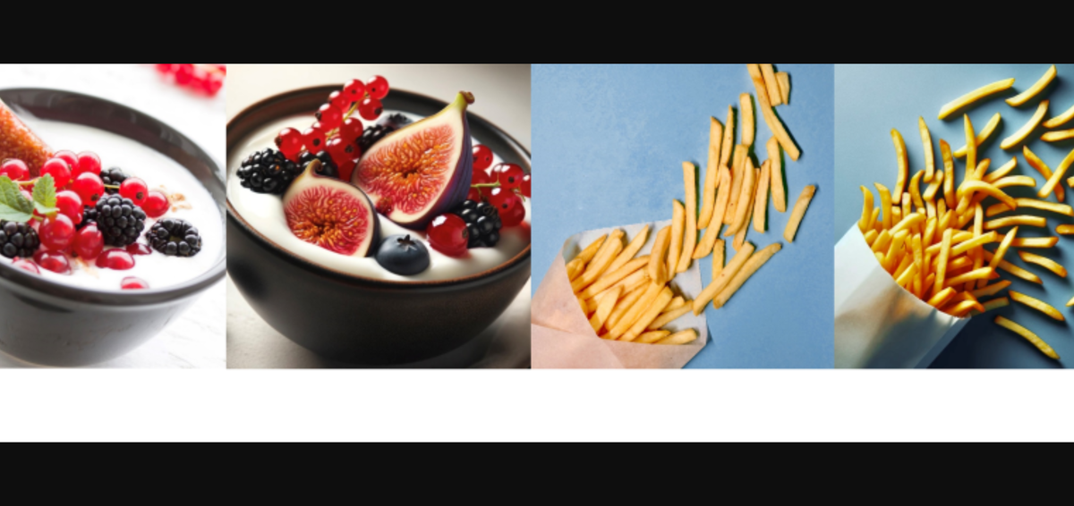 Слева направо: реальное изображение сливочно-белого йогурта с яркими свежими фруктами, созданное искусственным интеллектом. Реальное изображение картофеля фри, выпадающего из белого бумажного пакета, созданное искусственным интеллектом. Изображения, сгенерированные искусственным интеллектом, были созданы с помощью DALL-E 3.