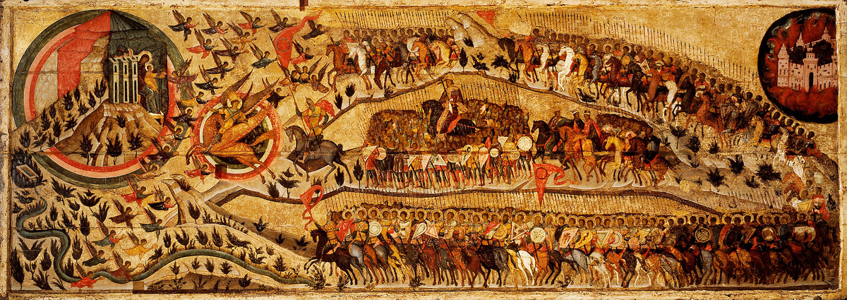 Икона "Благословенно воинство Небесного Царя", написанная по заказу Ивана Грозного в память о его Казанском походе, 1550-е 