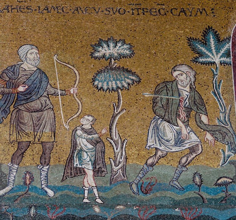 Ламех убивает Каина. Мозаика собора в Монреале, Сицилия. Изображение взято в Сети.
