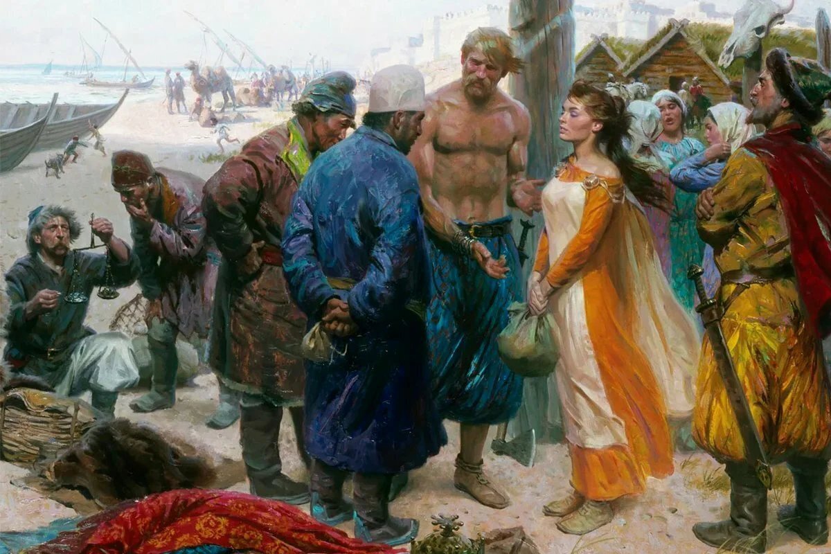 Невольничний рынок в Волжскрй Булгарии. Славянин продает славянку в рабство. Фото из сети