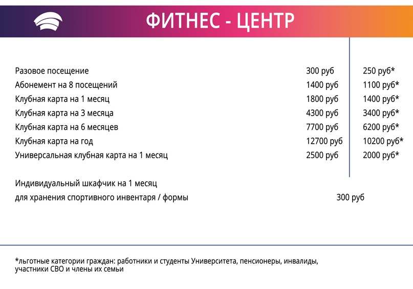 Прайс-лист фитнес-центра 