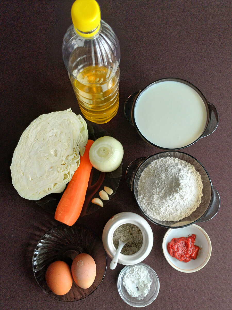 Продукты для приготовления заливного пирога с капустой.