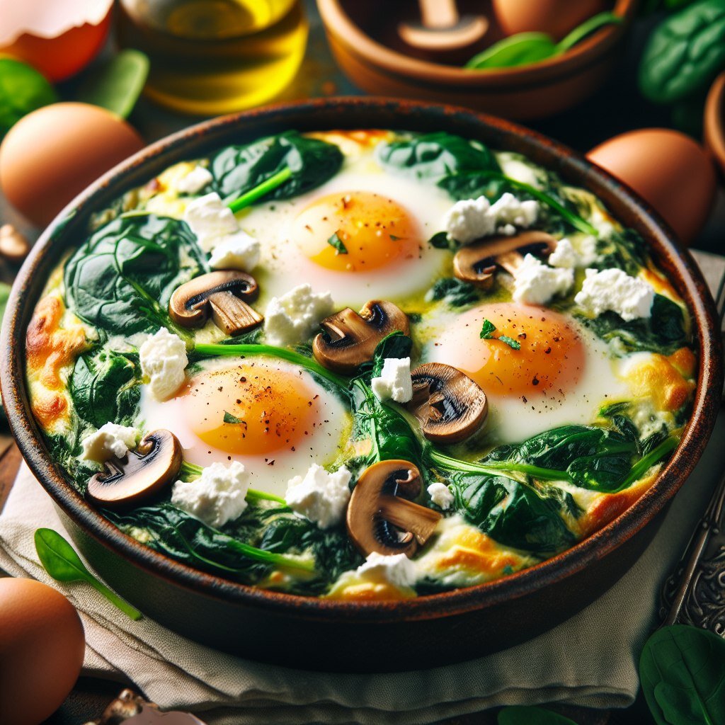 Запеченные яйца со шпинатом, брынзой и грибами