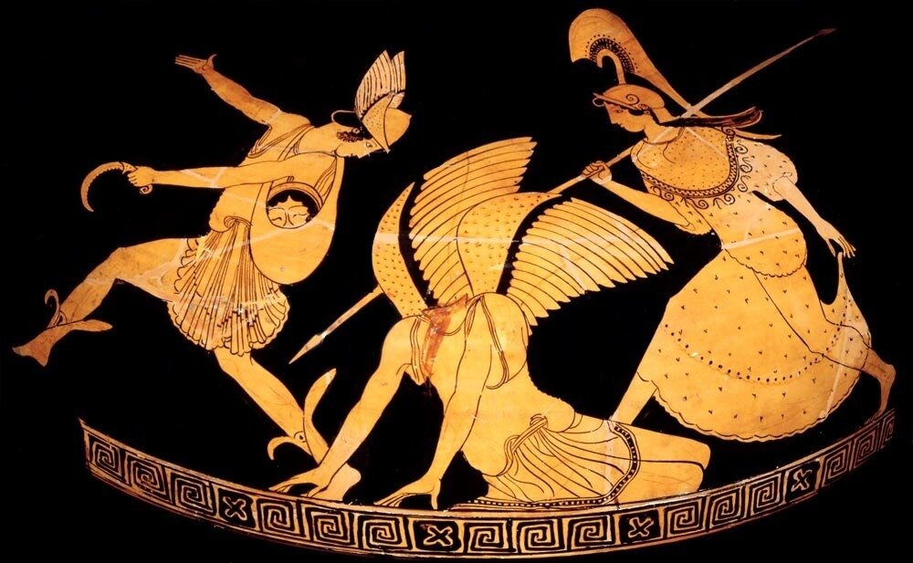 Персей, обезглавленная им Медуза и Афина». Роспись краснофигурной гидрии «художника Пана». 470–460 до н. э.