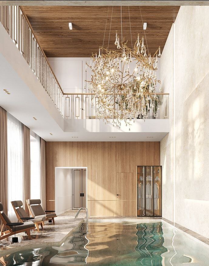 Спа-зона с бассейном в загородном доме
  