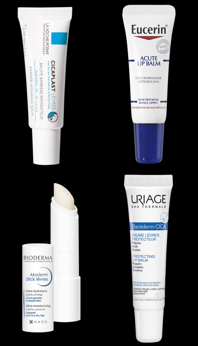 Примеры увлажняющих бальзамов для губ во время терапии СИ.