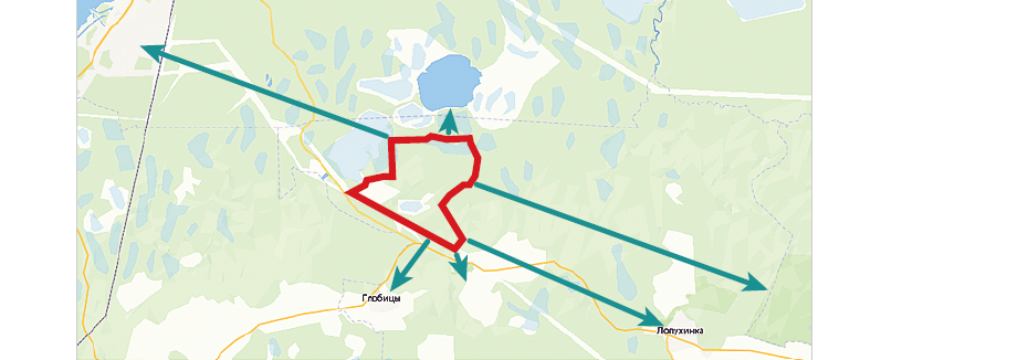    Участок, выделенный ООО "Ленинградский глинозёмный завод" для инженерных изысканий. Расстояние до города Сосновый Бор — 10 км, до Лубенского озера — 1 км, до радоновых родников и озёр в деревне Лопухинка — 8 км, до границы заказника "Гостилицкий" — 12 км, до деревни Воронино — 730 м, до деревни Глобицы — 3 км