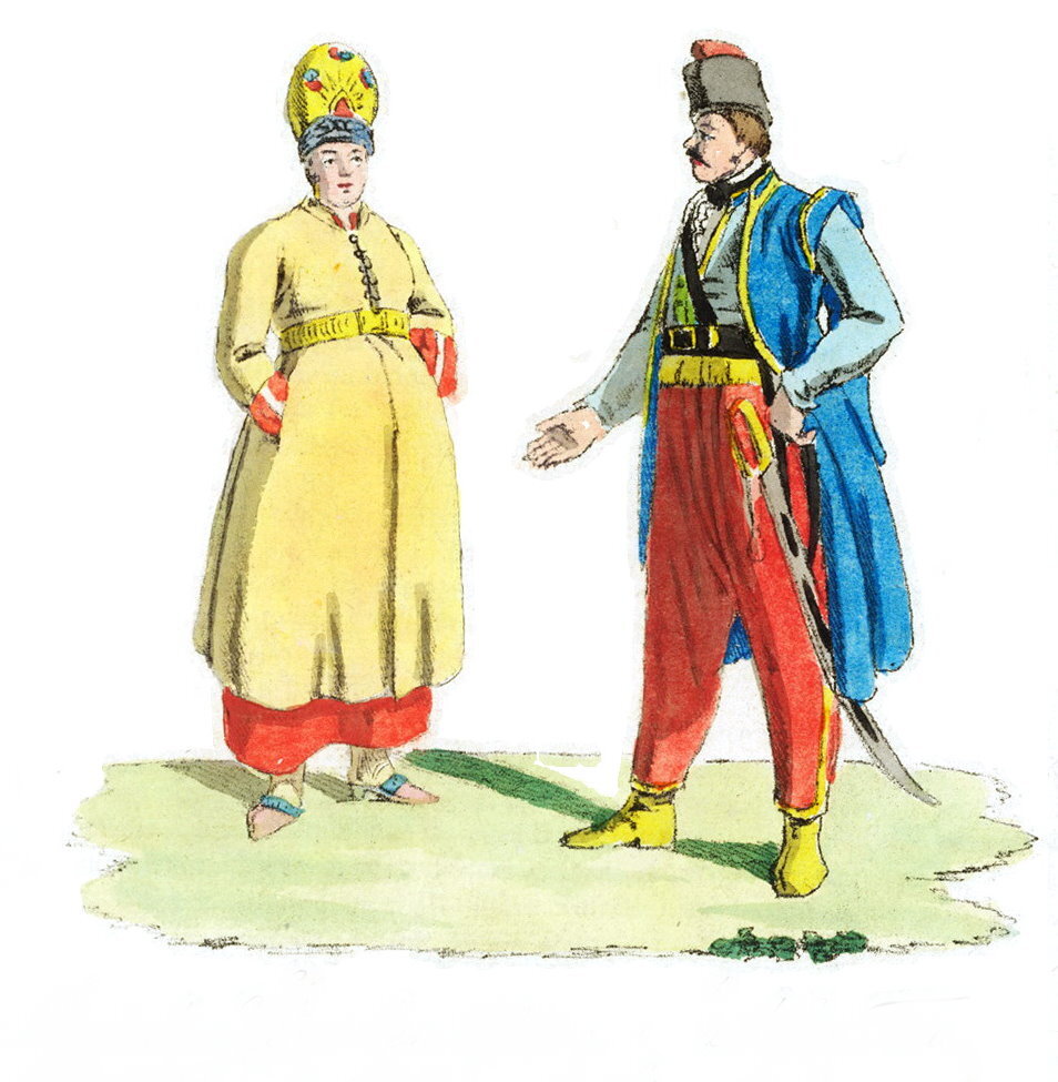 Казачий офицер и его жена. Гейслер Х.Г.Г. Из альбома "Изображения народов под управлением Александра I " 1793-1794 гг