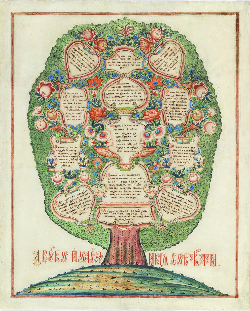 Настенный лист «Древо полезные советы». Неизвестный художник. Первая половина XIX века. Выг