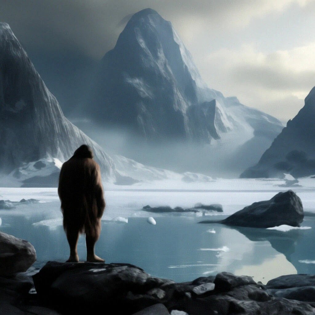 Первый переселенец перед ледовыми щитами (сгенерировано нейросетью Шедеврум)