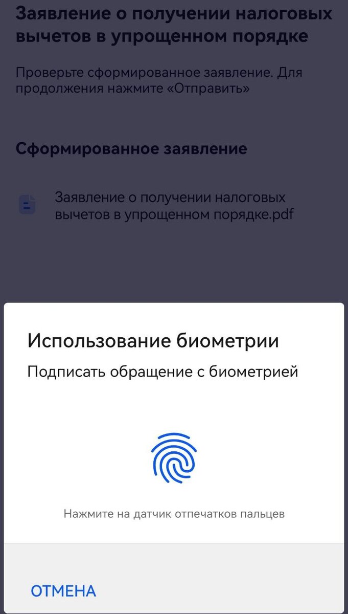 Страница подписания заявления в упрощенном порядке