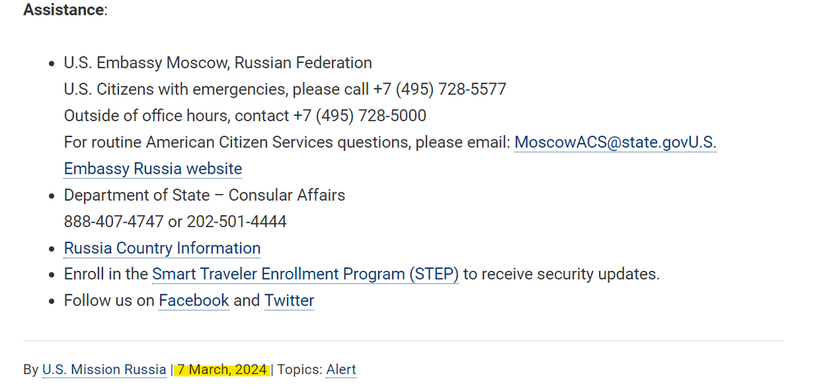 Данное сообщение посольства с прилагаемым к нему списком экстренных контактов датировано 7 марта/usembassy.gov