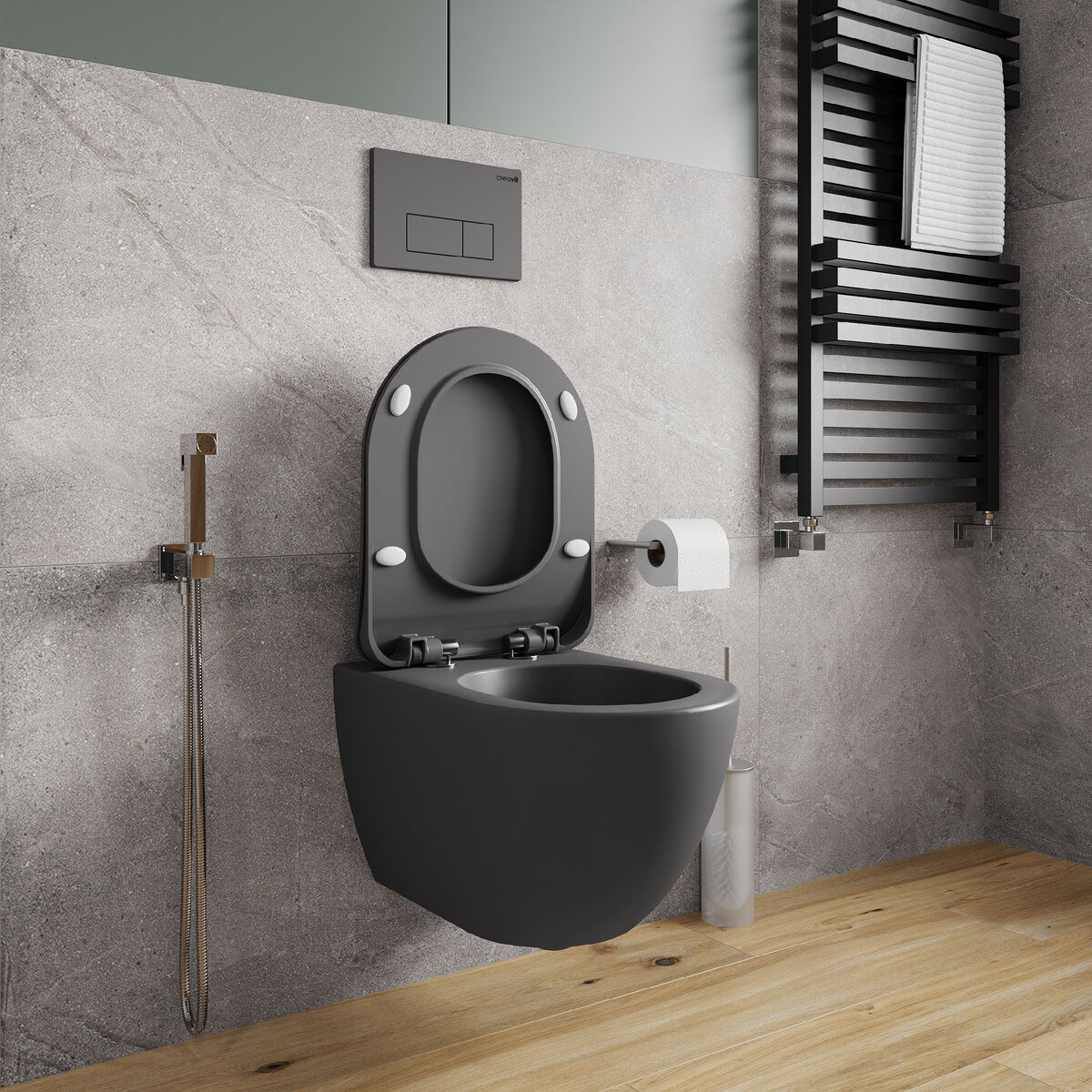 Пример темно-серого унитаза, какой был на моём предыдущем месте работы. Источник фото: manyprice.ru